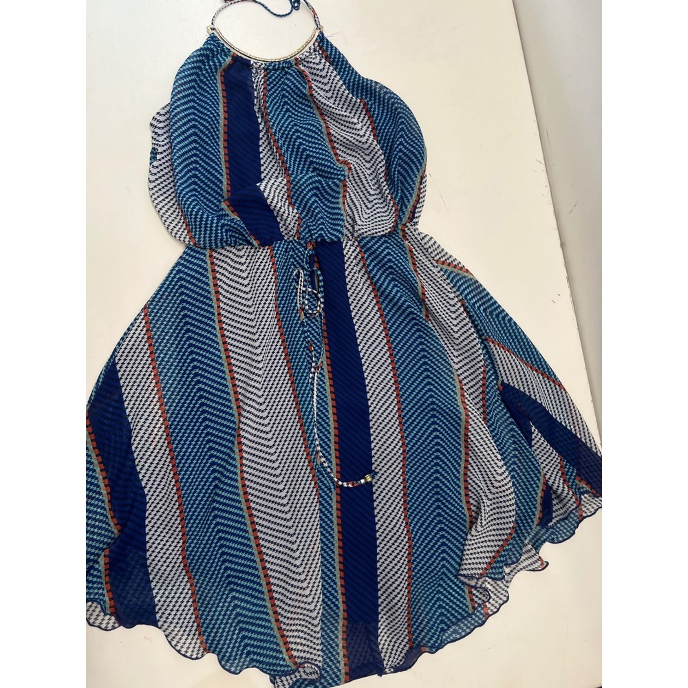 Blue Chevron Stripe Halter Dress Gold Hardware Summer Beach Vacation Medium